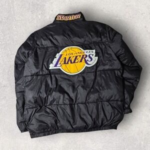 VTG STARTER Los Angeles NBA Lakers  Puffer Zip Jacket Black Embroidered XL *FLAW